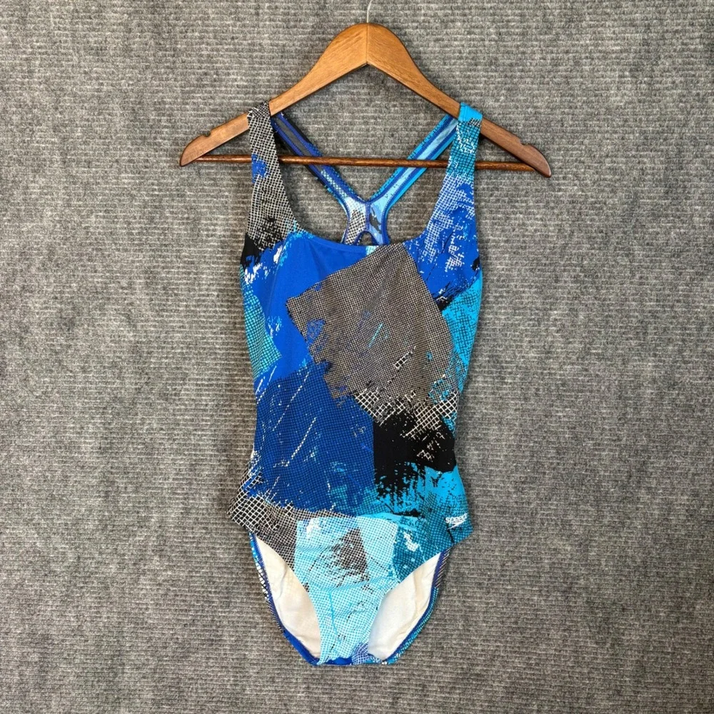 Speedo Endurance+ One Piece Swimsuit Blue Black Abstract Geometric Print Size 10